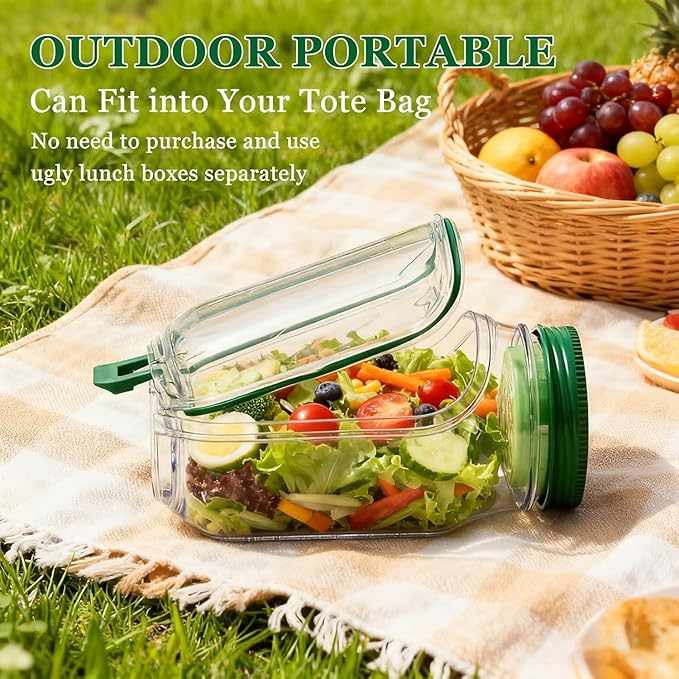 Original salad container with green lid, 32-ounce food storage jar, suitable for meal prep, lunch, travel, portable (1 piece) with a complimentary stylish fork