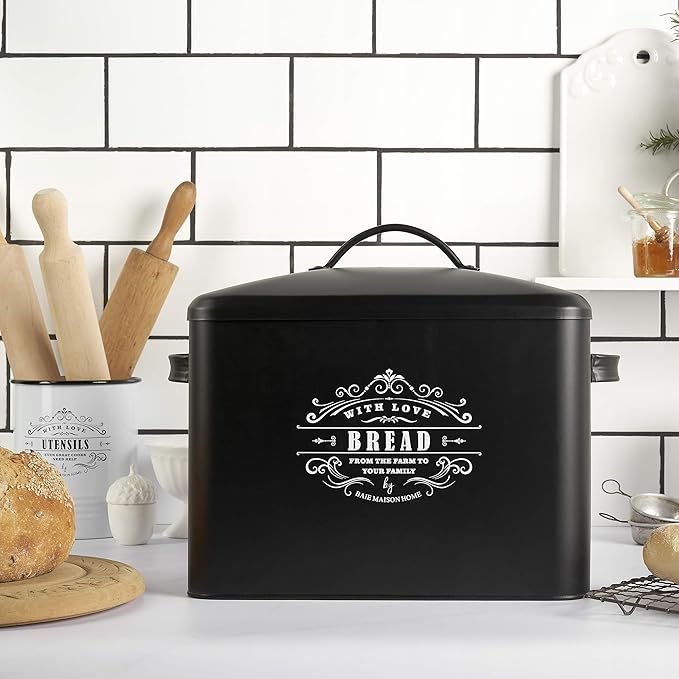 Extra Large Black Bread Box - Holds 2+ Loaves, Counter Organizer for Farmhouse, Vintage, Rustic Kitchens