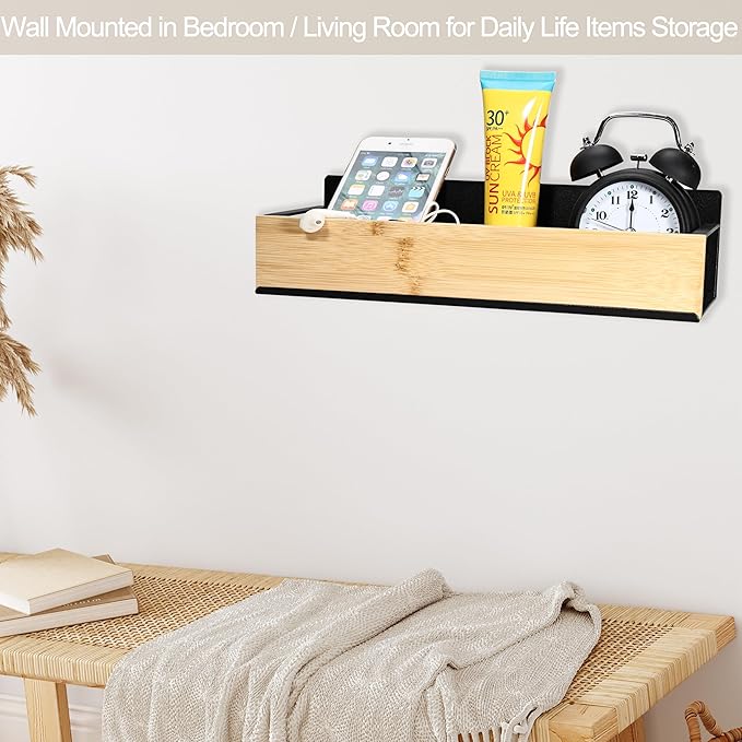 Wall Mount Organizer,Adhesive Metal Shelf with Bamboo Lip,Bathroom Shelves for Wall,Self Adhesive Organizer,Shower Caddies,No Drilling Stick-on Wall Rack,for Bathroom,Kitchen,Living Room (Black)