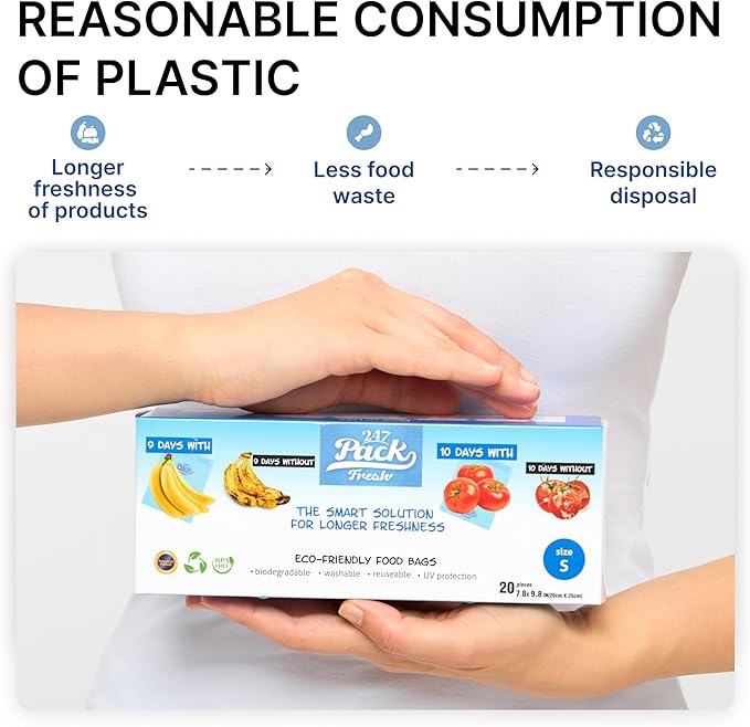 Freshpack 247 Food Bags – Tear-Off Bags on a Roll, Reusable, Ethylene Absorption Helps Keep Food Fresh up to 3× Longer – Biodegradable, BPA-Free, UV-Shielded, SGS Tested (S)