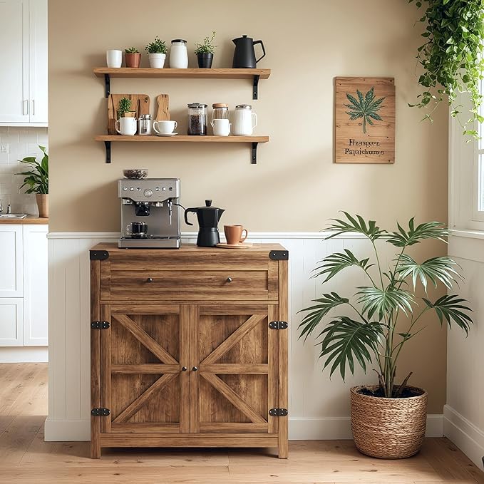 YESHOMY Coffee Bar and Accent Cabinet, Farmhouse Barn Door Buffet Sideboard with Drawer and Adjustable Shelf, Wide Desktop for Kitchen, Dining Room, Bathroom, Entryway, Brown&Rustic