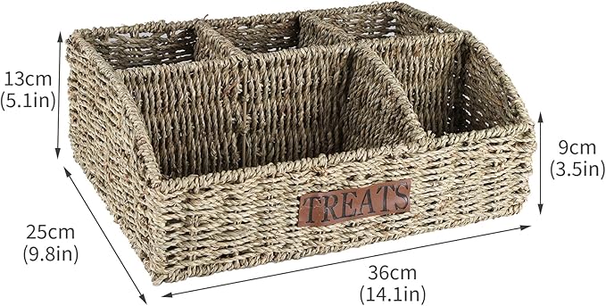 Bratod Dog Storage Organizer Wicker Basket,Dog Treat Container Bin for Countertop,Pet Treats Box with Dividers,Dog Cat Can Food Storage Bin,Pet Treat Station-Natural Woven Seagrass