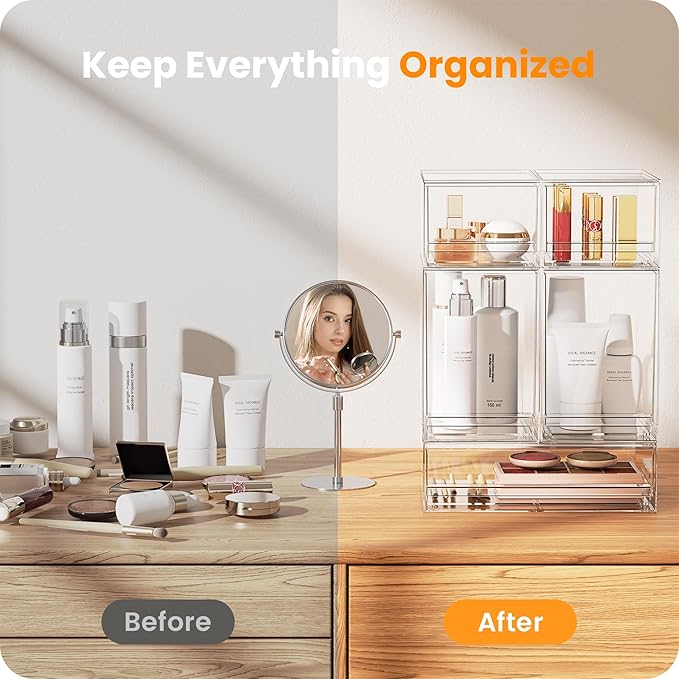 A-LuGei γπ°π£ππ¦γ Acrylic Stackable Storage Drawers, 7.5" L Makeup Organizer, Bathroom Organizer and Storage, Plastic Storage Bins for Kitchen Cabinet Pantry Medicine Fridge