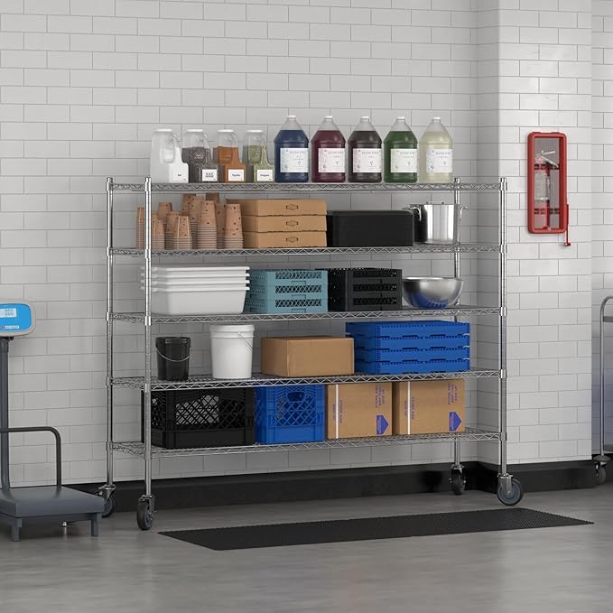 Commercial NSF Listed Chrome Mobile Wire Shelving Kit 18" x 72" x 60", with 5 Shelves Perfect for Warehouse, Walk-in Refrigerator, Freezer, Grocery Store, Restaurant, Dishroom