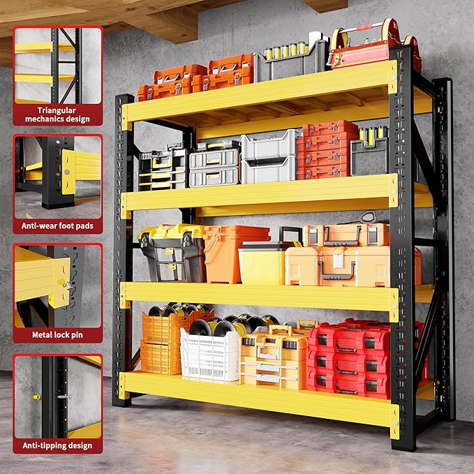 48" W Garage Shelving 3000LBS Garage Shelving Heavy Duty 4-Tier Metal Storage Shelves Adjustable Shelf Unit Storage Rack for Basement Supermarket Warehouse 48" W x 20" D x 78" H Yellow