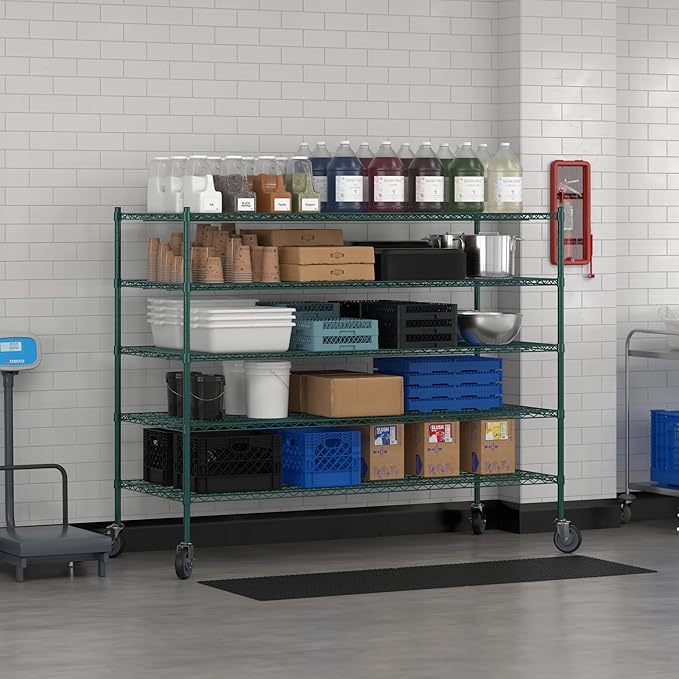 Commercial NSF Listed Green Epoxy Mobile Wire Shelving Kit 30" x 72" x 60", with 5 Shelves Perfect for Warehouse, Walk-in Refrigerator, Freezer, Grocery Store, Restaurant, Dishroom