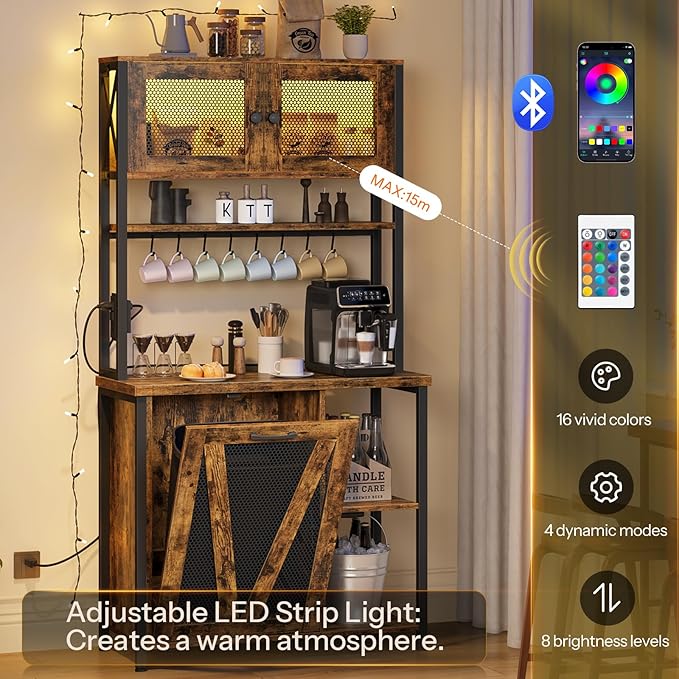 HOOBRO Bakers Rack with Trash Can Bin Cabinet, 6-Tier Microwave Stand with LED Stripe, Kitchen Storage Shelf with Outlet, Tall Coffee Bar Station for Dining Room, Rustic Brown and Black BF24UDHB01