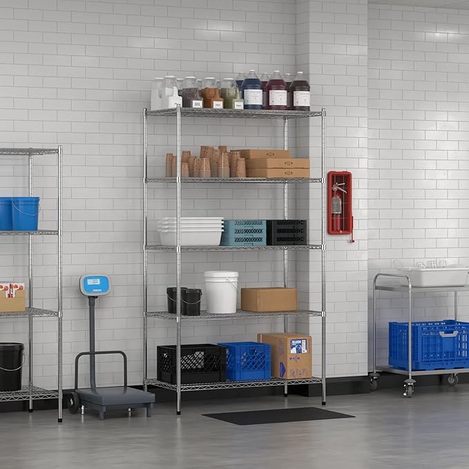 Commercial NSF Listed Chrome Stationary Wire Shelving Kit 24" x 48" x 86", with 5 Shelves Perfect for Warehouse, Walk-in Refrigerator, Freezer, Grocery Store, Restaurant, Dishroom