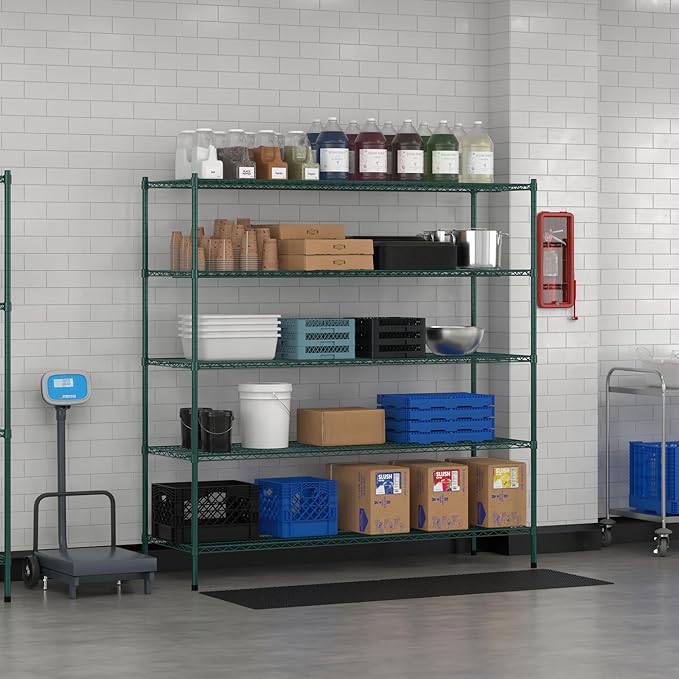 Commercial NSF Listed Green Epoxy Stationary Wire Shelving Kit 24" x 72" x 74", with 5 Shelves Perfect for Warehouse, Walk-in Refrigerator, Freezer, Grocery Store, Restaurant, Dishroom