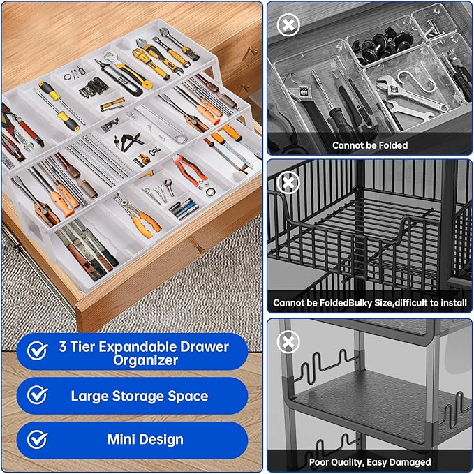 Smart Drawer Organizer Multi Level, Adjustable Folding Junk Drawer Organizer For Kitchen, Bathroom, Office, And Bedroom – Space-Saving Makeup Organizer (White)