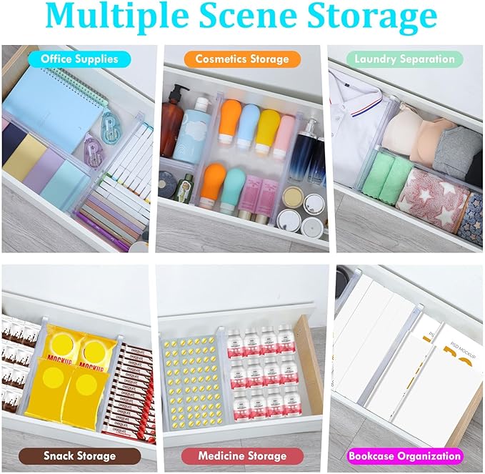 Drawer Dividers, 12 Pack Adjustable Drawer Organizers 3.2" High Expandable from 11.3-20" Clear Expandable Dresser Organizer for Clothes Kitchen Utensils Cutlery Drawer Organizers Set
