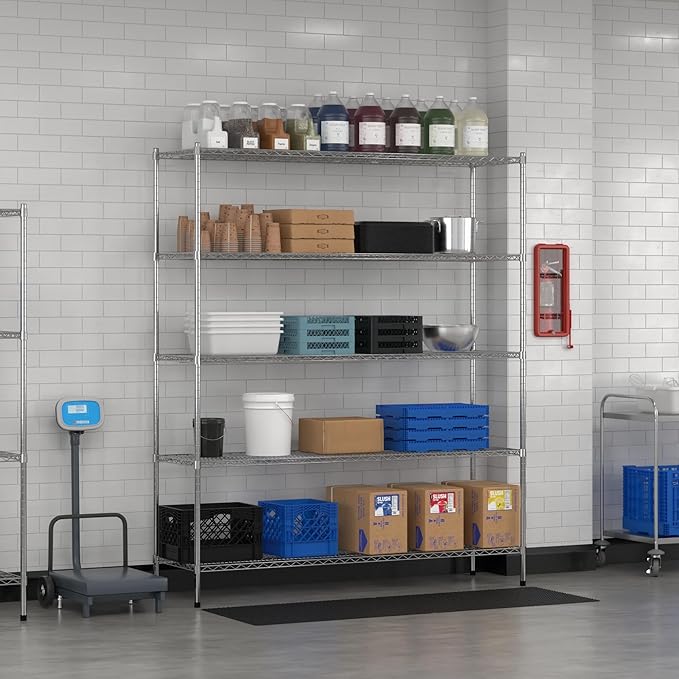 Commercial NSF Listed Chrome Stationary Wire Shelving Kit 21" x 72" x 86", with 5 Shelves Perfect for Warehouse, Walk-in Refrigerator, Freezer, Grocery Store, Restaurant, Dishroom
