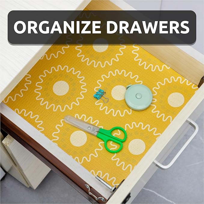 12X120 Inch Shelf Liner for Kitchen Cabinets, PVC Drawer Liner for Dresser Non-Slip Bathroom, Non-Adhesive Cabinet Liner Washable (Yellow Circle)(5 Roll)