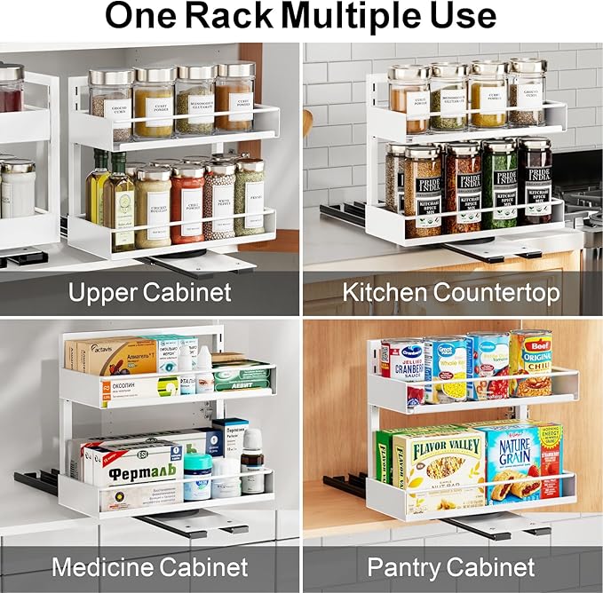 iSPECLE 2 Pack Pull Out Spice Rack - Rotate Peel and Stick No-Drill Vertical Spice Rack Organizer for Cabinet Easy Access Spices, Adjust Height for 4oz to 8oz Spice Jars, Fits Small Pantry Cabinet