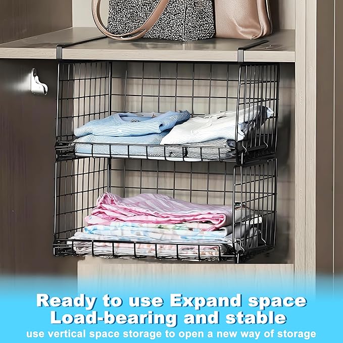 Hanging Under Shelf Storage Basket, 1 Pack Foldable Under Cabinet Metal Desk Storage Wire Rack Organizer for Kitchen Pantry Bookshelf Office Home, Easy to Install Slide-in Under Shelves (1, Black)
