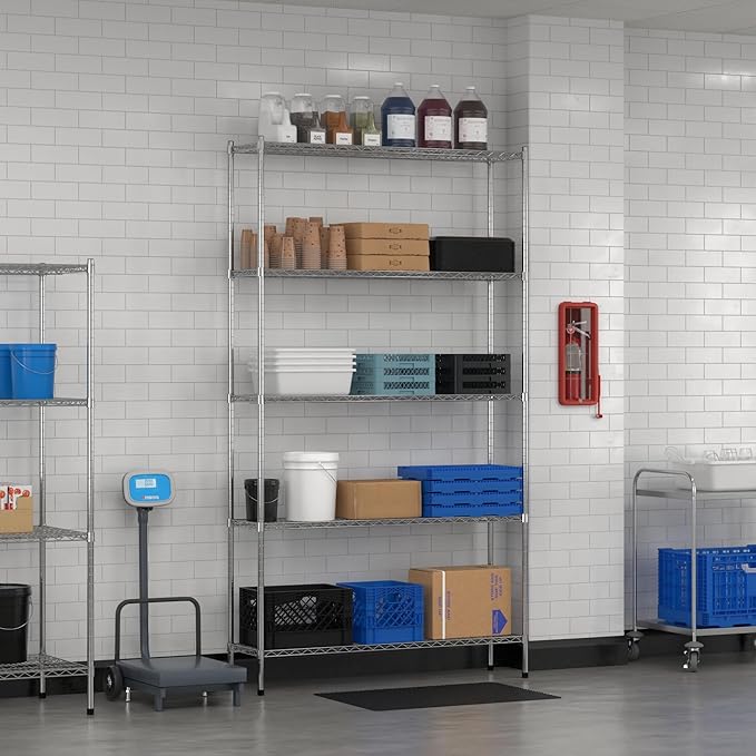 Commercial NSF Listed Chrome Stationary Wire Shelving Kit 14" x 54" x 96", with 5 Shelves Perfect for Warehouse, Walk-in Refrigerator, Freezer, Grocery Store, Restaurant, Dishroom