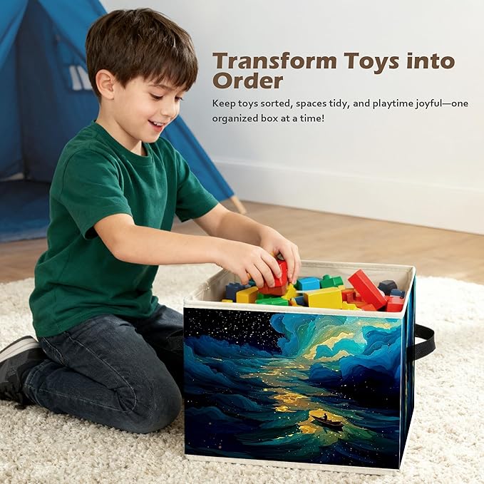 Dreamy Starry Sky Night Storage Box Bins, Blue Fantasy Galaxy River Boating Collapsible Storage Basket Organizer for Bedroom Laundry Room Home Clothes Toys Books, Toybox for Girls Boys