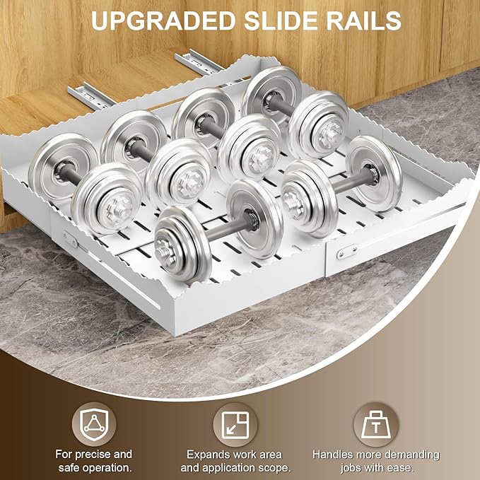 Pull Out Cabinet Organizer 1PCS, 4-Way Width (11"-18") and Depth (13"-24") Expandable Pull Out Drawers for Cabinets – One Size Fits Most! No Drill, Heavy-Duty Metal Organizer for Pantry, Kitchen White