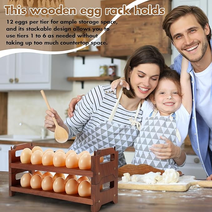 Maxcheck 6-Tier Stackable Egg Holder Acacia Wood Egg Storage Rack with Handles Shelf Storage up to 108 Countertop Organizer for Kitchen, Refrigerator