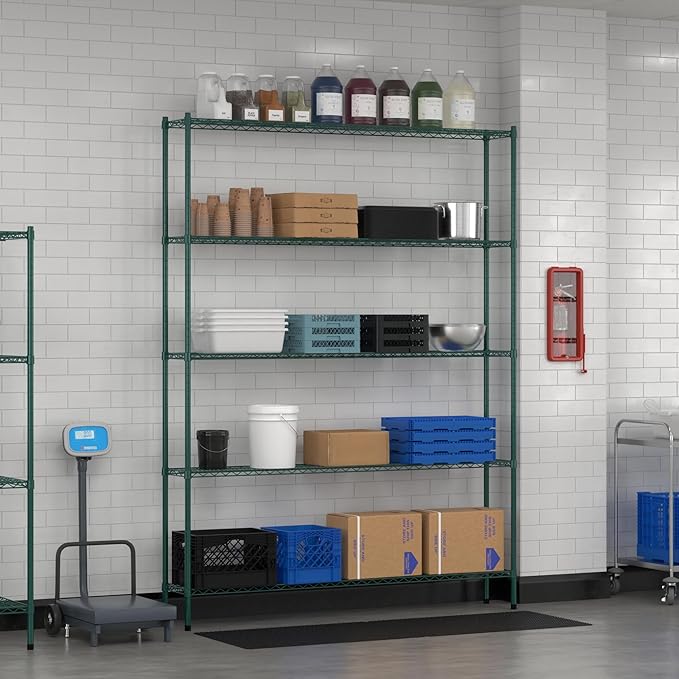 Commercial NSF Listed Green Epoxy Stationary Wire Shelving Kit 12" x 72" x 96", with 5 Shelves Perfect for Warehouse, Walk-in Refrigerator, Freezer, Grocery Store, Restaurant, Dishroom