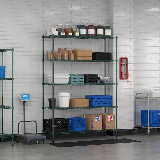 Commercial NSF Listed Green Epoxy Stationary Wire Shelving Kit 21" x 60" x 86", with 5 Shelves Perfect for Warehouse, Walk-in Refrigerator, Freezer, Grocery Store, Restaurant, Dishroom