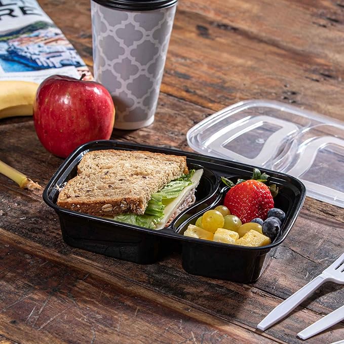 SafeWare Meal Prep Container Reusable 2 Compartment With Lids 28oz (25 Sets)- Food Prep Containers, Food Storage Bento Box | Stackable | Microwave | Dishwasher | Freezer Safe.