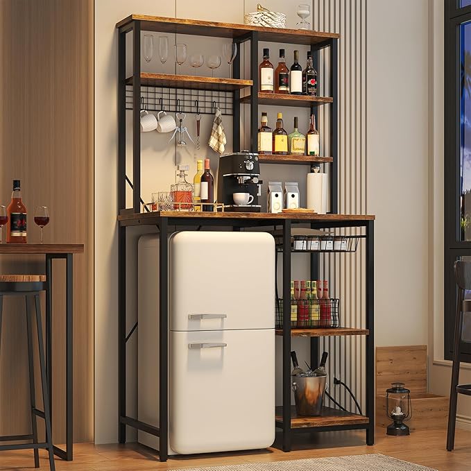 Mini Fridge Stand with Storage, Microwave and Coffee Bar Organizer with Power Outlet, Bakers Rack Storage Shelves for Kitchen Appliances, Perfect for Dorm Kitchen Coffee Bar, Vintage Brown