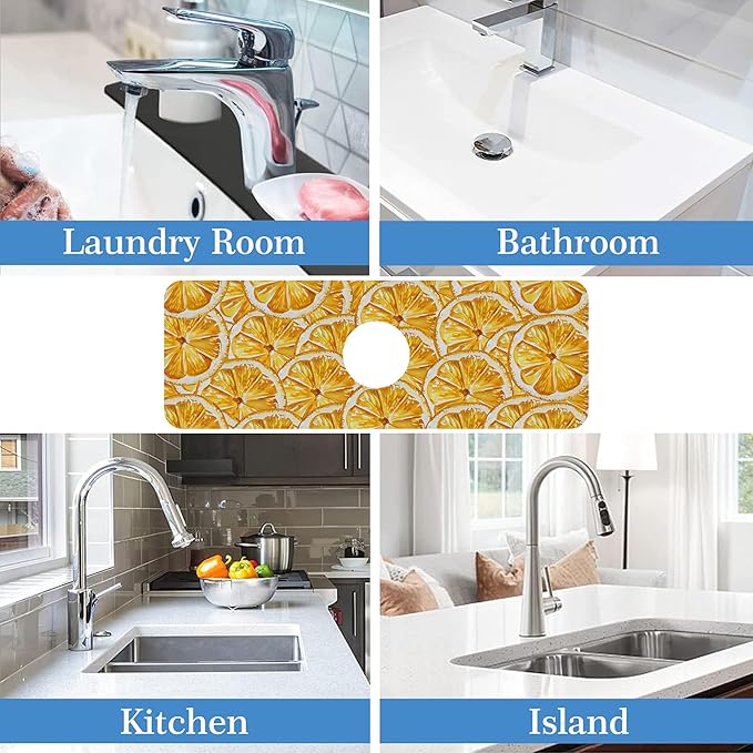 Yellow Fruit Lemon Faucet Mat Splash Guard Yellow Fruit Lemon, Soft Diatom Mud Material, Strong Water Absorption, Non-slip,Easy to Clean for Bathroom, Kitchen 15"X5.5"