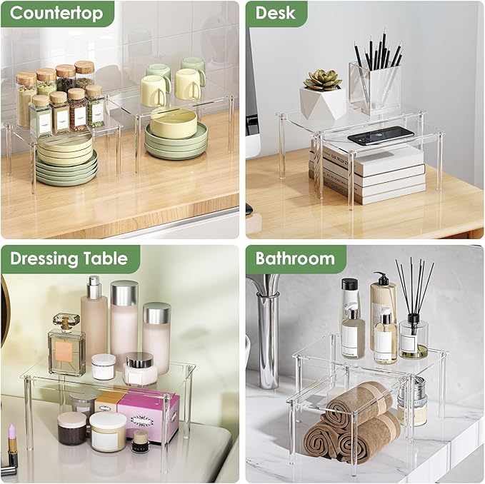 Delamu Cabinet Organizer Shelf for Kitchen, Set of 2 Acrylic Shelf Riser for Dish Organizer, Stackable Cabinet Riser for Counter, Pantry Organization and Storage, Clear