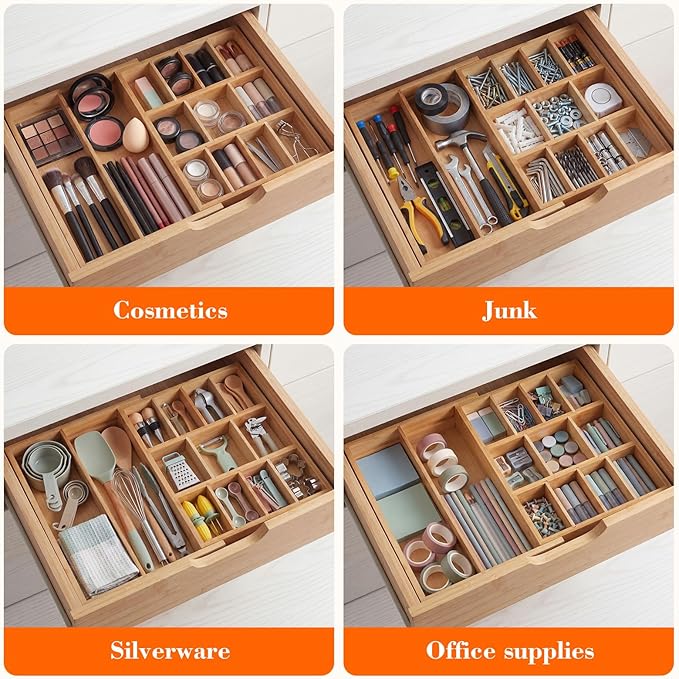 1 Pcs Bamboo Desk Drawer Organizer Wood 2 Inch Height Expandable Drawer Organizer Trays with 8 Adjustable Compartments Desk Accessories for Makeup Silverware Office Bathroom(Natural)