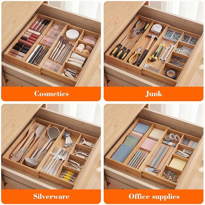 1 Pcs Bamboo Desk Drawer Organizer Wood 2 Inch Height Expandable Drawer Organizer Trays with Adjustable Compartments Desk Accessories for Makeup Silverware Office Bathroom(Stylish)