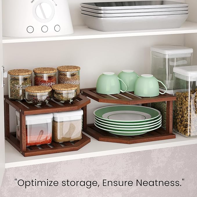 Bamboo Corner Shelf,2 Tier Plate Organizer for Cabinet and Countertop,Pantry Dish and Spice Rack for Kitchen(Brown)