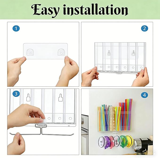 10''Straw Storage for Cabinet Door with Tumbler Straw Organizer,Large Straw Holder with Washable Sticky Reusable Cup Lid Holder,Water Bottle Accessories Organizer for Kitchen (White)