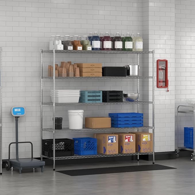 Commercial NSF Listed Chrome Stationary Wire Shelving Kit 21" x 72" x 74", with 5 Shelves Perfect for Warehouse, Walk-in Refrigerator, Freezer, Grocery Store, Restaurant, Dishroom