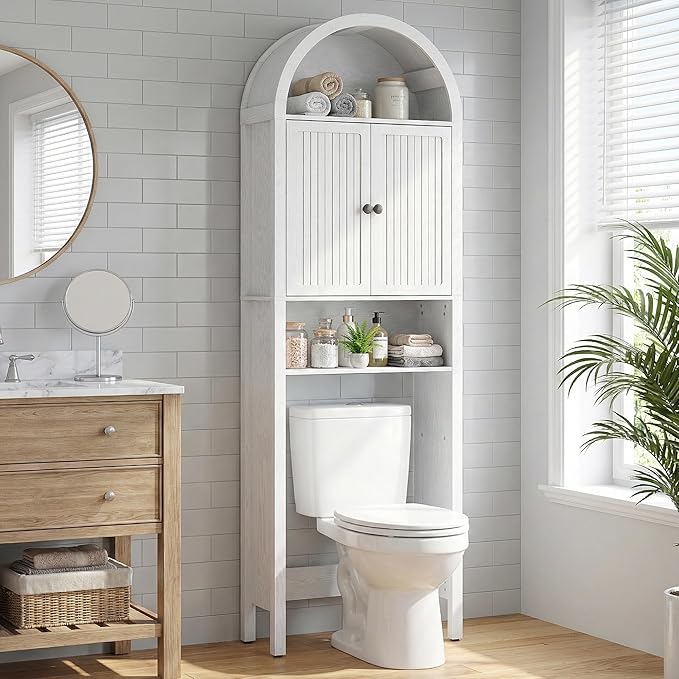 White Over The Toilet Storage Cabinet with Fluted Doors, 4 Tier Small Bathroom Shelf Organizer, Arched Bathroom Cabinet with Adjustable Shelf, Slim Narrow Toilet Rack, Wood, Anti-Tipping Device