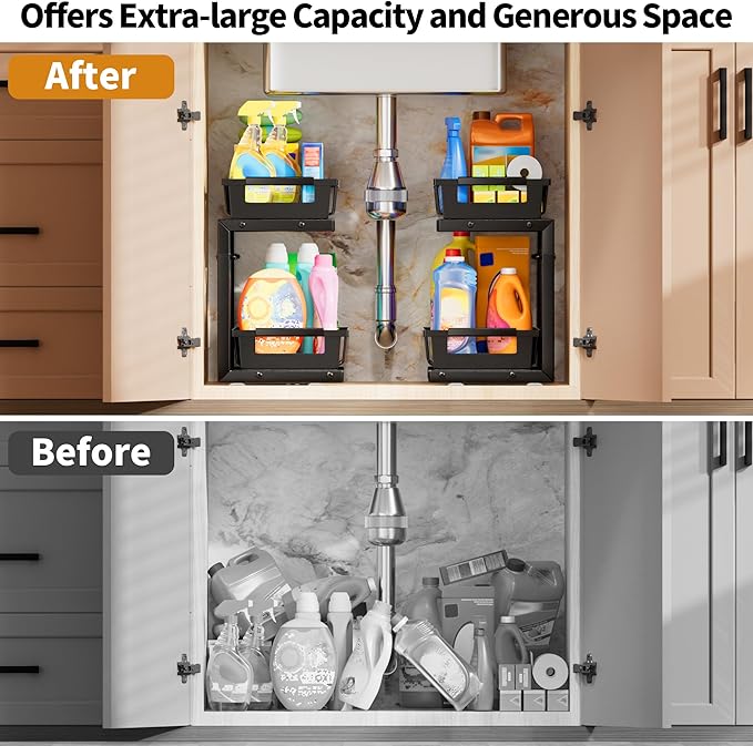 TOFWOF Under Sink Organizer 2 Pack, 2 Tier Adjustable Height Reinforced Carbon Steel Under Kitchen Bathroom Sink Storage Organizer, Smooth Pull-out Under Sink Cabinet Rack Drawer Organizer, Black