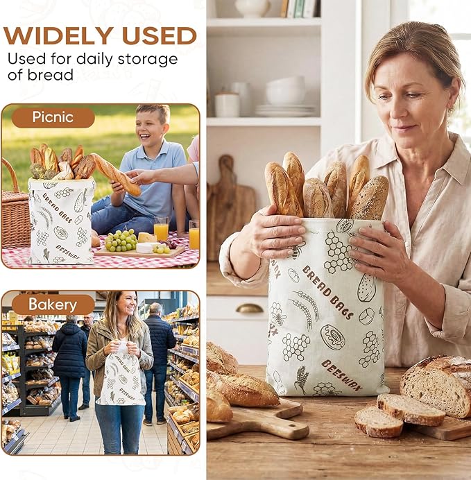 2Pack Reusable Bread Bags for Homemade Bread Organic Beeswax Cotton Bag -17x12in Food Storage with Snap Closure Fresh KeepingSourdough Storage Bag Thicker Organic Beeswax Sealed Bag(White)