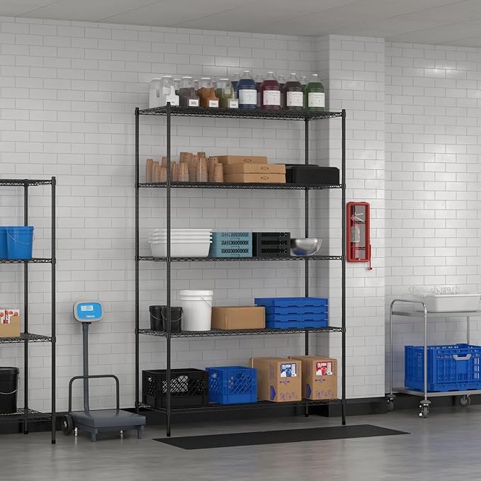 Commercial NSF Listed Black Epoxy Stationary Wire Shelving Kit 24" x 60" x 96", with 5 Shelves Perfect for Warehouse, Walk-in Refrigerator, Freezer, Grocery Store, Restaurant, Dishroom