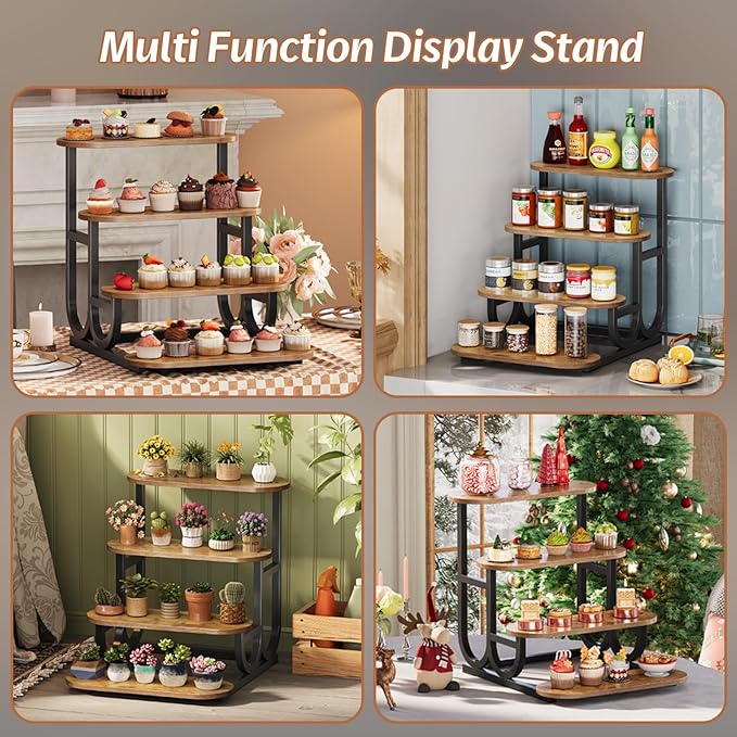Rustic Stepped Cupcake Stand for 50 Cupcakes 4-Tier Wooden Display Stand with Metal Frame Dessert Table Riser Shelf for Part, Bakery Farmers Market or Home Decor (Rustic Brown)