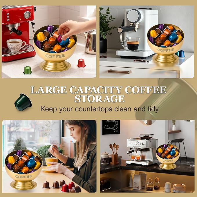 Coffee Pod Holder - Large Capacity Gold Metal Coffee Pod Storage, Coffee Pod Basket, Coffee Bar Organizer for Kitchen and Office Countertop(Gold-7.1in/18cm)