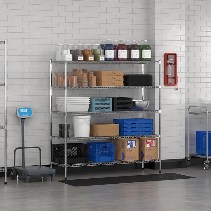 Commercial NSF Listed Chrome Stationary Wire Shelving Kit 21" x 60" x 64", with 5 Shelves Perfect for Warehouse, Walk-in Refrigerator, Freezer, Grocery Store, Restaurant, Dishroom