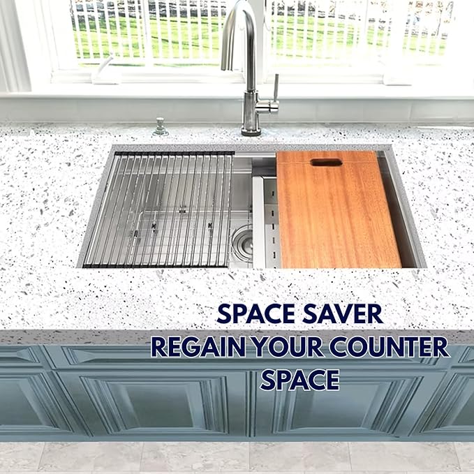 Nantucket Sinks RUM1613 Roll Up Dish Drying Rack – Over The Sink Foldable, Stainless Steel Kitchen Workstation Accessories for SR-PS-3018-16, ZR-PS-3018-16 and The SR-PS2-2818-16 Sinks