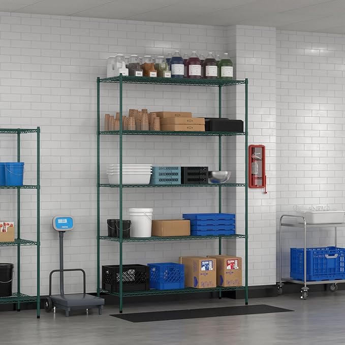 Commercial NSF Listed Green Epoxy Stationary Wire Shelving Kit 24" x 60" x 96", with 5 Shelves Perfect for Warehouse, Walk-in Refrigerator, Freezer, Grocery Store, Restaurant, Dishroom