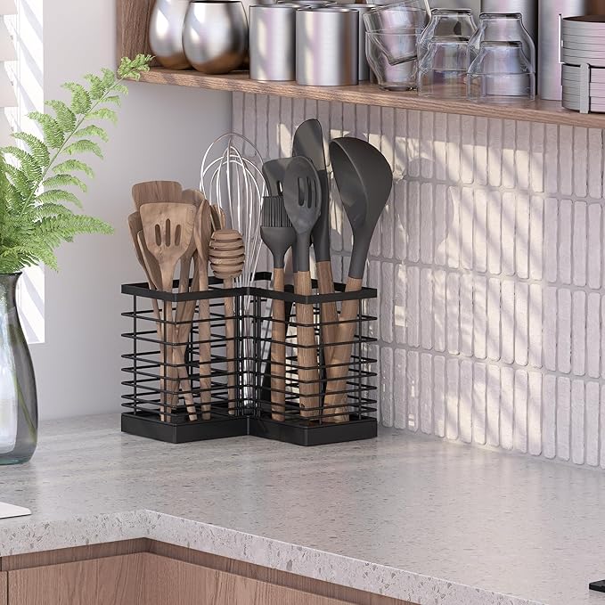 Suli Extra Large Kitchen Utensil Holder with 3 Compartments,Matte Black Metal Corner Kitchen Caddy for Countertop,Farmhouse Rustic Cooking Storage-Black
