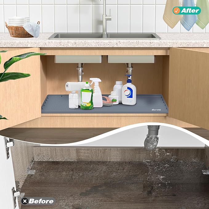 FORWOS Waterproof Under Sink Mat 22" x 19", Silicone Cabinet Liner, Rubber Protector for Kitchen and Bathroom, Keeps Cabinets Clean, Dry, and Organized (Grey)