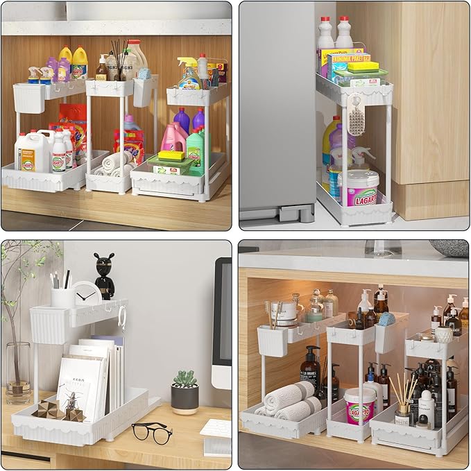 3 Pack Multi-Purpose Under Sink Organizers and Storage, 2025 L-Shaped Pull Out Cabinet Organizer for Bathroom & Kitchen, Under Cabinet Organizer with Hooks Hanging Cup, White