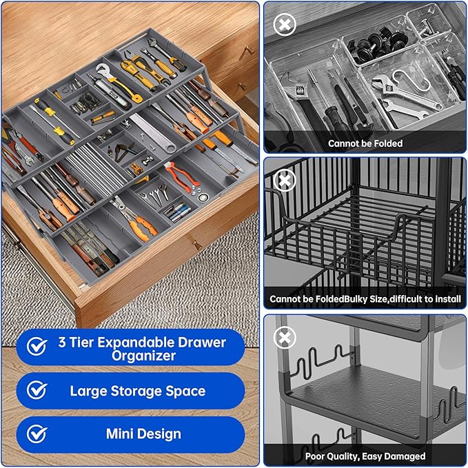 Smart Drawer Organizer Multi Level, Adjustable Folding Junk Drawer Organizer For Kitchen, Bathroom, Office, And Bedroom – Space-Saving Makeup Organizer (Grey)