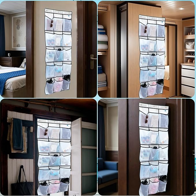 Magnetic Door Organizer with Hooks, 24 Mesh Pockets, Over Door Storage Solution, White, 60x24 Inch, Magnetic Shoe Rack Holder for Cruise Ship Cabins