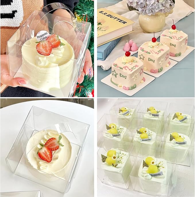 25 Pcs 6x6x5 Inch Clear Cake Boxes with Handle & Cake Boards, Easy Carrying Plastic Cake Containers, Cake Holder Carriers for Birthday Christmas Birthday Wedding, Party, Gift