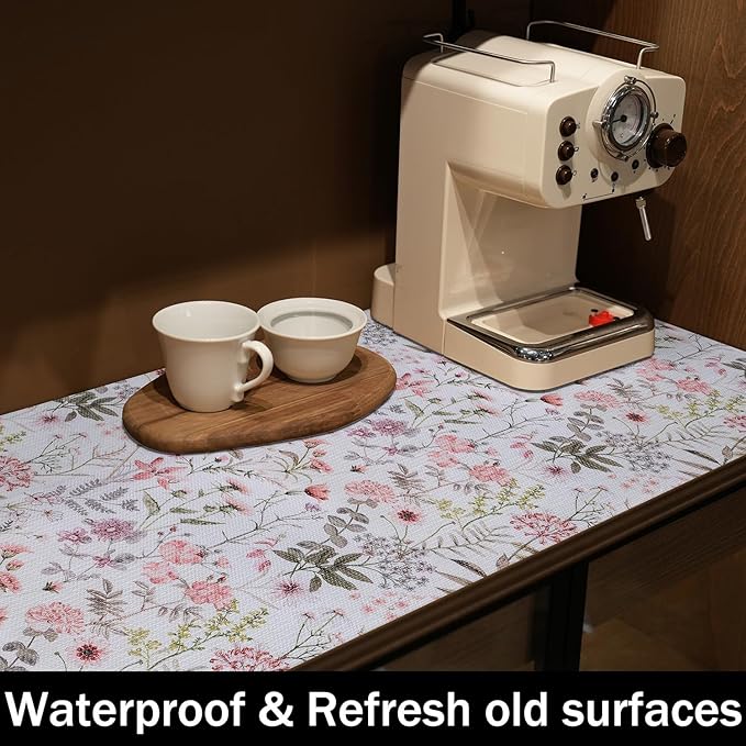 Amiitay Floral Leaf Shelf Liners Strong Non-Slip and Non Adhesive 12IN x 20FT Shelf and Drawer Liners for Kitchen Cabinet Wire Fridge, Waterproof Shelf Drawer Liner,Easy to Clean